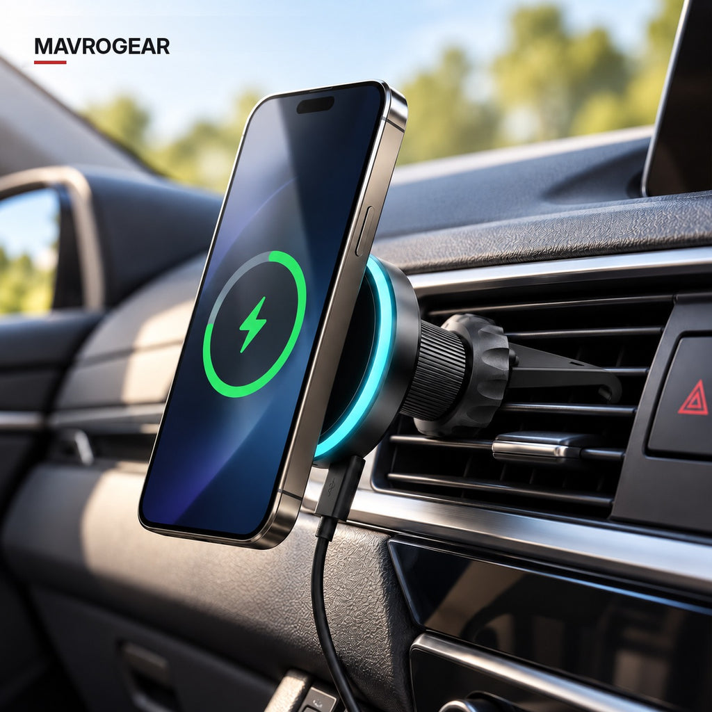 Chargeur Essager fixé sur la grille d'aération avec téléphone en charge